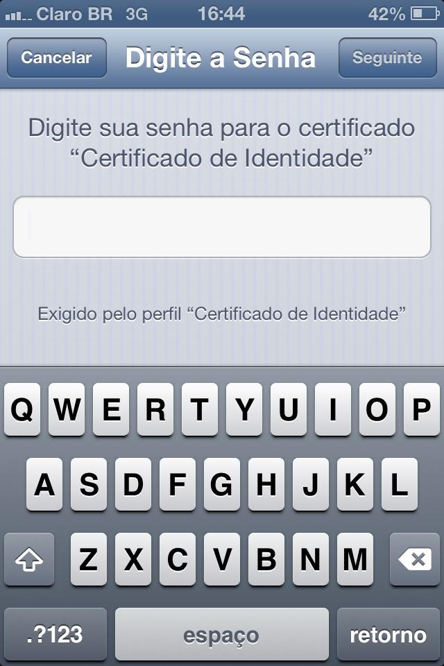 Agora digite a senha de proteção criada na geração do certificado que se encontra no arquivo PIN_login do correio.txt enviado em anexo.