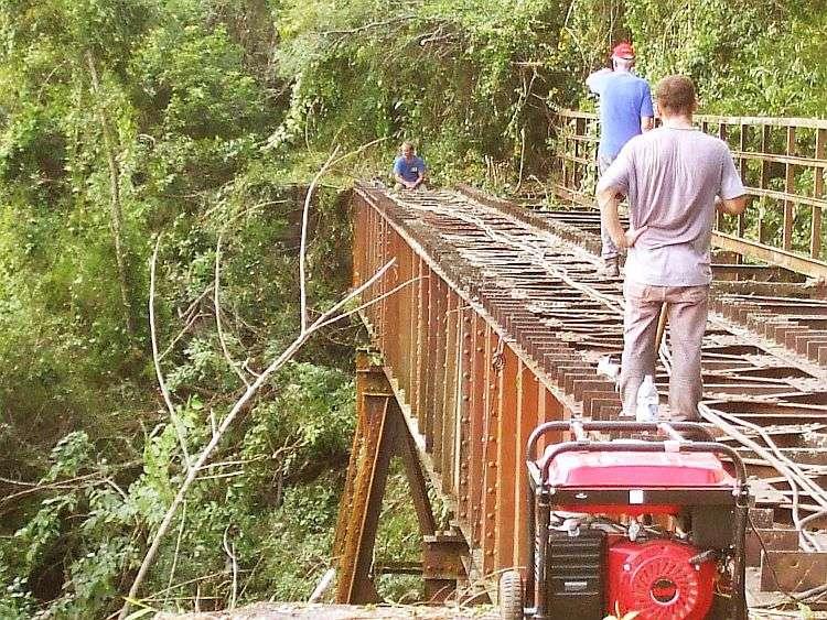 O viaduto metálico de 48 m de extensão na localidade de Ressacada, após o corte primário da vegetação que obstruía quase totalmente a estrutura, já permitindo uma maior insolação, reduzindo assim a