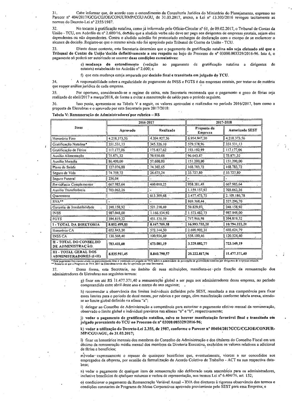 31. Cabe informar que, de acordo com o entendimento da Consultoria Jurídica do Ministério do Planejamento, expresso no P~recer n 404/20 17/GCG/CGJOElCONJURMP/CGU/AGU, de 31.03.2017, anexo, a Lei n 13.