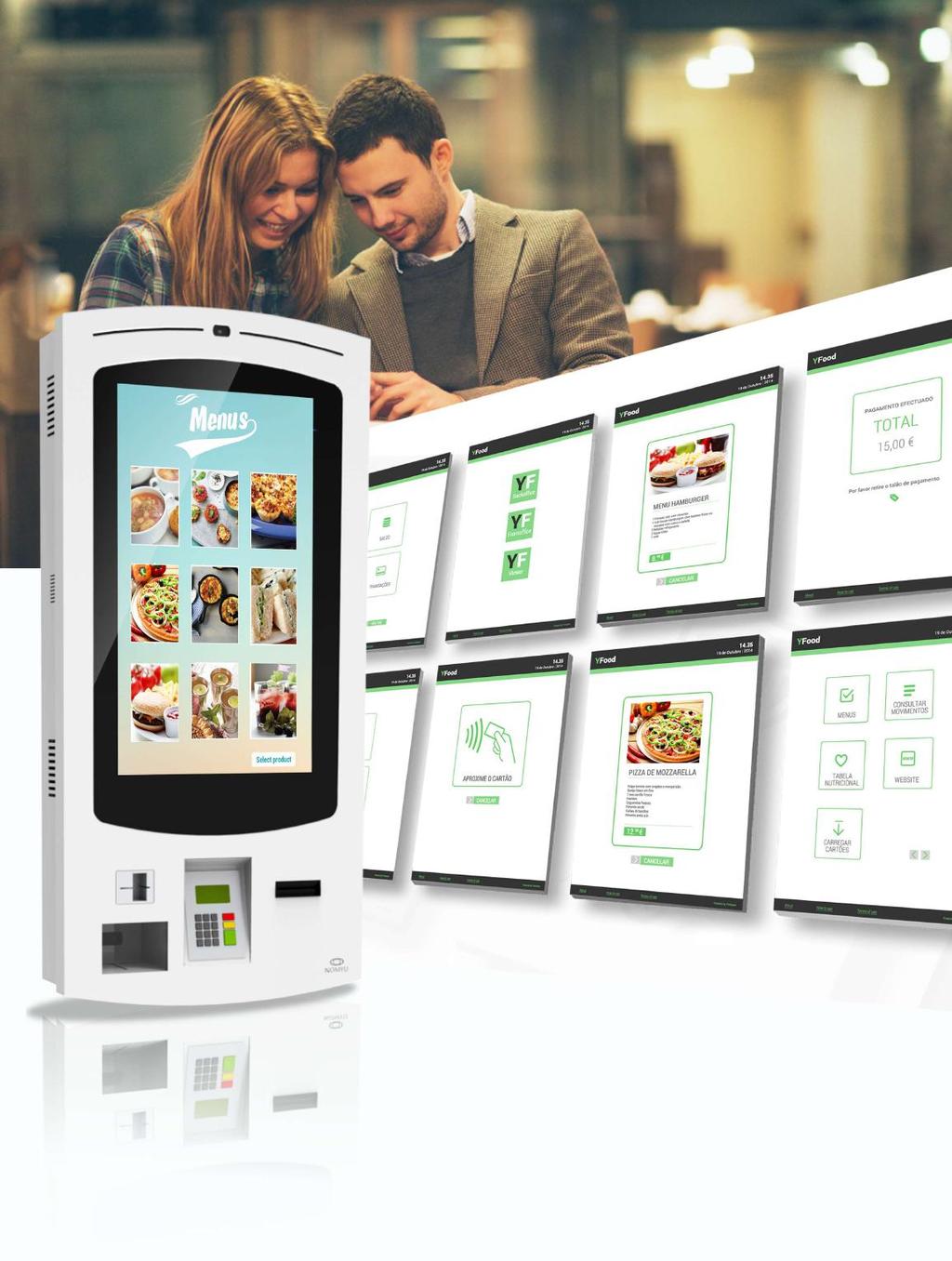 Software Interactivo (Nomyu - versão parede/pagamentos) Este tipo de software s em combinação com os quiosques de pagamentos são a opção perfeita para o self-sevice nos restaurantes e fast food