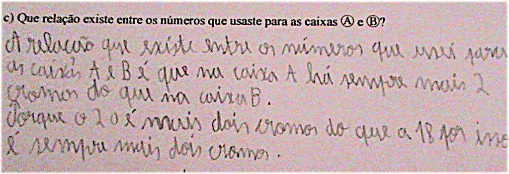 A alínea c) teve respostas diferentes por parte dos pares. Cinco pares conseguiram mostrar de forma muito clara a relação entre as caixas A e B com referências explícitas da compensação usada.