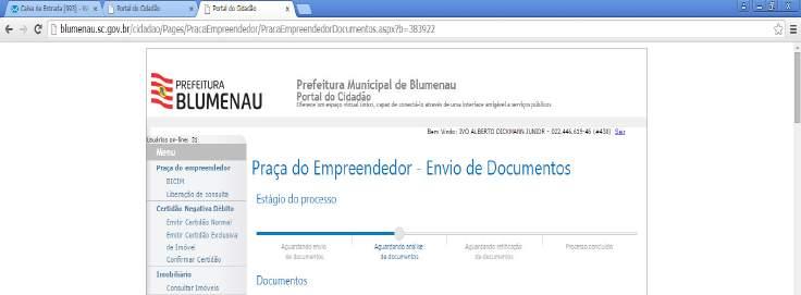 Após enviar, observe na barra que está no aguardando análise de documentos. -Em cada etapa do processo, você receberá um e-mail mostrando o andamento.