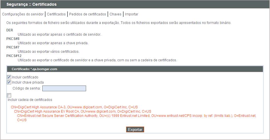 Pode determinar que detalhes são incluídos quando exporta um certificado.