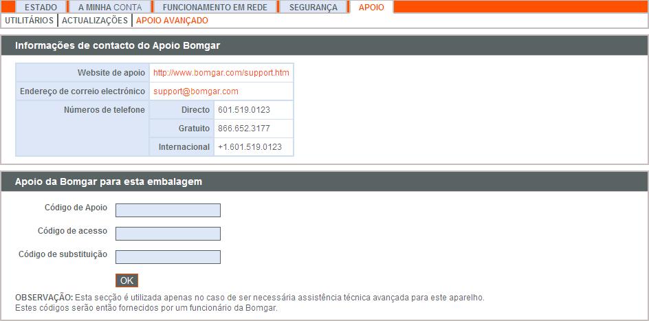 Apoio > Apoio avançado A secção Suporte avançado fornece informações de contacto acerca da sua equipa de apoio da Bomgar e permite-lhe