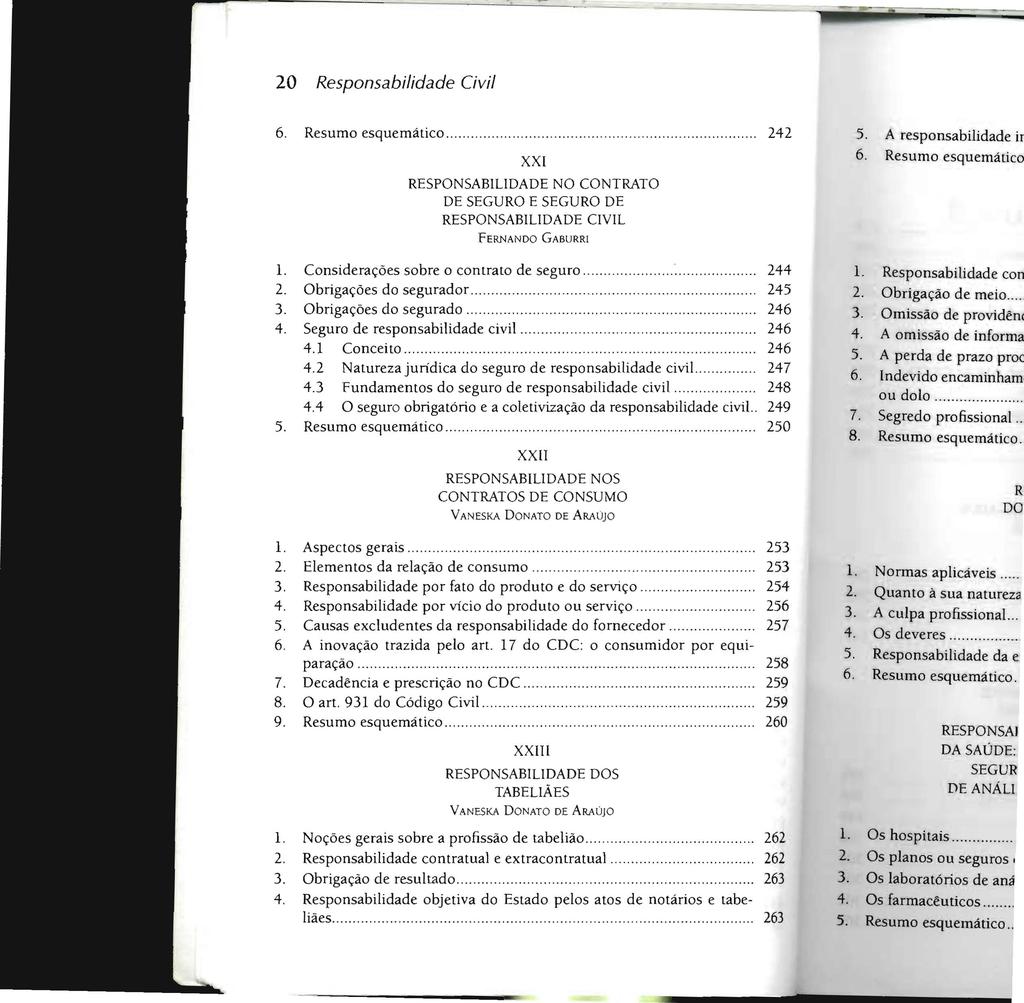 20 Responsabilidade Civil 6 Resumo esquemático, " 242 XXI RESPONSABILIDADE NO CONTRATO DE SEGURO E SEGURO DE 1 Considerações sobre o contrato de seguro 244 2 Obrigações do segurador 245 3 Obrigações