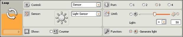 REPETIR ATÉ UM SENSOR (SENSOR DE LUZ) Figura 5 Painel de parâmetros para o bloco loop (sensor de luz) Neste parâmetro é escolhido o sensor a utilizar que neste caso é o sensor de luz (light sensor).