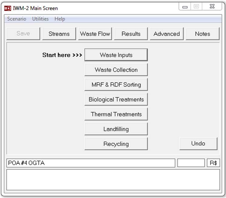 APÊNDICE C Telas do Programa IWM-2 para ICV: Cenário #4 OGTA Neste Anexo C, são apresentadas as telas de entrada do programa de ICV IWM-2 para o Cenário #4 OGTA, mostrando a forma de alimentação de
