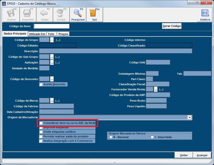 Já na curva ABC da rede a opção para desconsiderar os itens se apresenta no catálogo básico. Exibição das informações da Curva ABC.