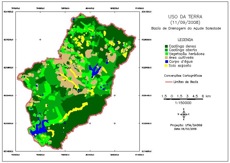 Ocupação e uso da terra da bacia de drenagem do açude Soledade De acordo com a distribuição das classes identificadas na área em estudo, observa-se que a caatinga densa, a caatinga aberta e a