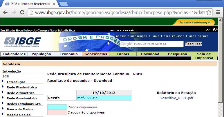 Figura 46 Vista da página do portal web do IBGE no instante da seleção dos arquivos para download, dos dados de rastreio das estações da RBMC no dia 19/10/20