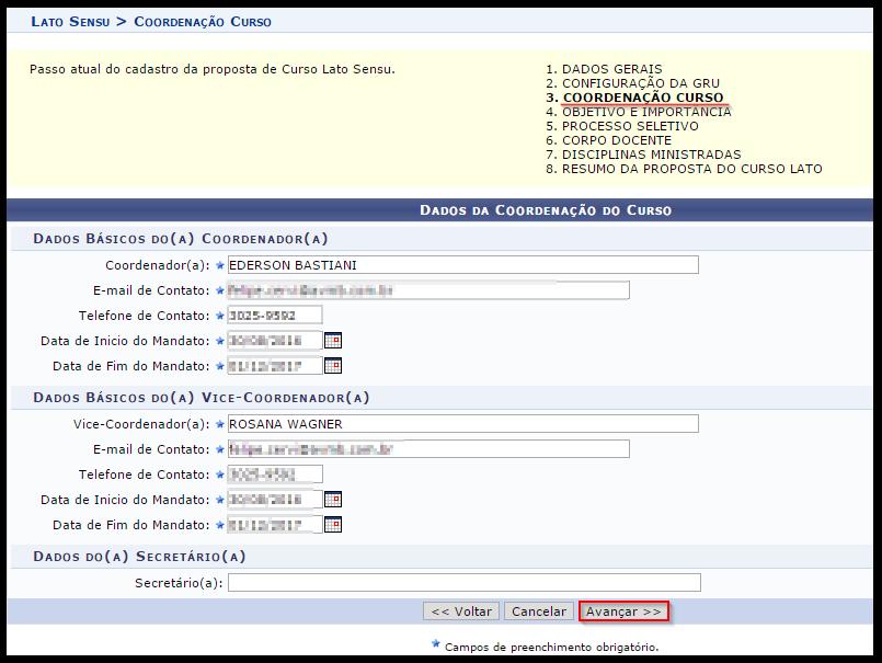 cadastrados o coordenador, vice- coordenador e secretário do curso,