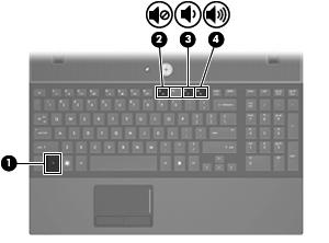 Ajuste do volume É possível ajustar o volume utilizando os seguintes controles: Tecla de acesso rápido de volume do computador - uma combinação da tecla fn (1) e uma das teclas de função f9 (2), f11