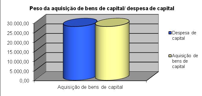 Analisando o gráfico seguinte, o agrupamento 07 Aquisição de bens de capital apresenta-se com um peso de 100,00% das despesas de capital realizadas, o agrupamento 08