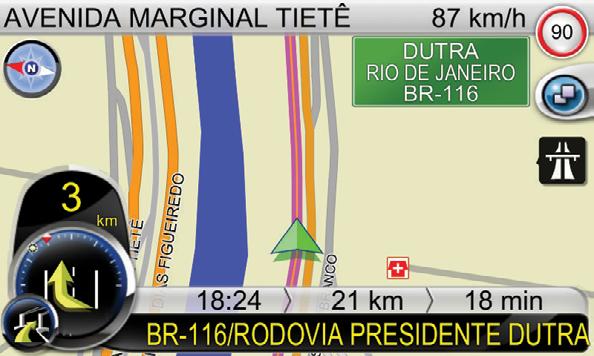 Posição atual do veículo. Orientação Durante a Rota Velocidade atual ou tempo atual Limite de velocidade Nome da rua atual ou da cidade atual.