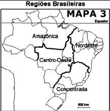 13 Nomeie as divisões regionais representada no mapa 1. 15 Pinte a Região Concentrada de VERMELHO; de AMARELO a Região Centro-Oeste; de MARROM a Região Nordeste; e de VERDE a Região Amazônica.