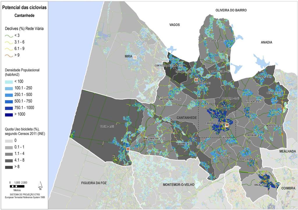 Figura 34 Distribuição da população, declive da rede viária e quota de utilização da bicicleta em Cantanhede.