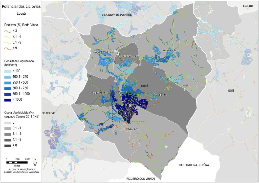 Figura 45 Distribuição da população, declive da rede viária e quota de utilização da bicicleta na Lousã.