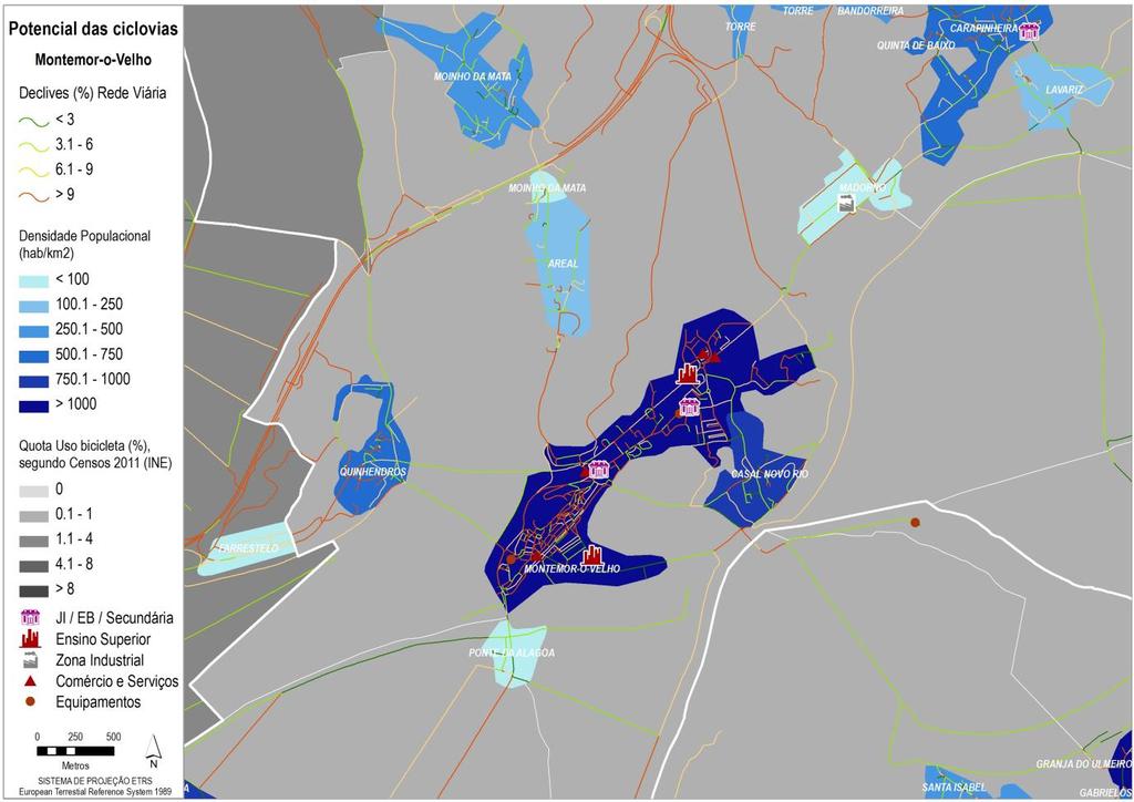 Figura 54 Distribuição da população, declive da rede viária e quota de utilização da bicicleta no principal núcleo urbano de Montemor-o- Velho Mortágua O município de Mortágua desenvolve-se num