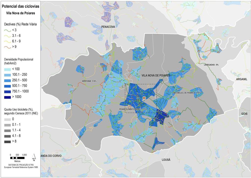 Figura 69 Distribuição da população, declive da rede viária e quota de utilização da bicicleta