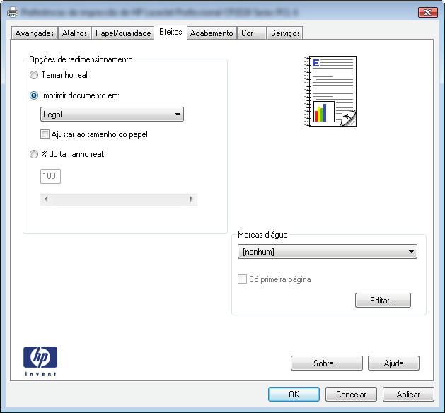 3. Clique na guia Efeitos. 4. Selecione a opção Imprimir documento em e, em seguida, selecione um tamanho na lista suspensa.