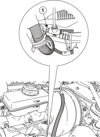 Freio a Disco Dianteiro 206-03-23 5. Conecte a conexão (1) do tubo (flexível) de freio da roda dianteira esquerda com a tconexão T pela região do compartimento do motor.