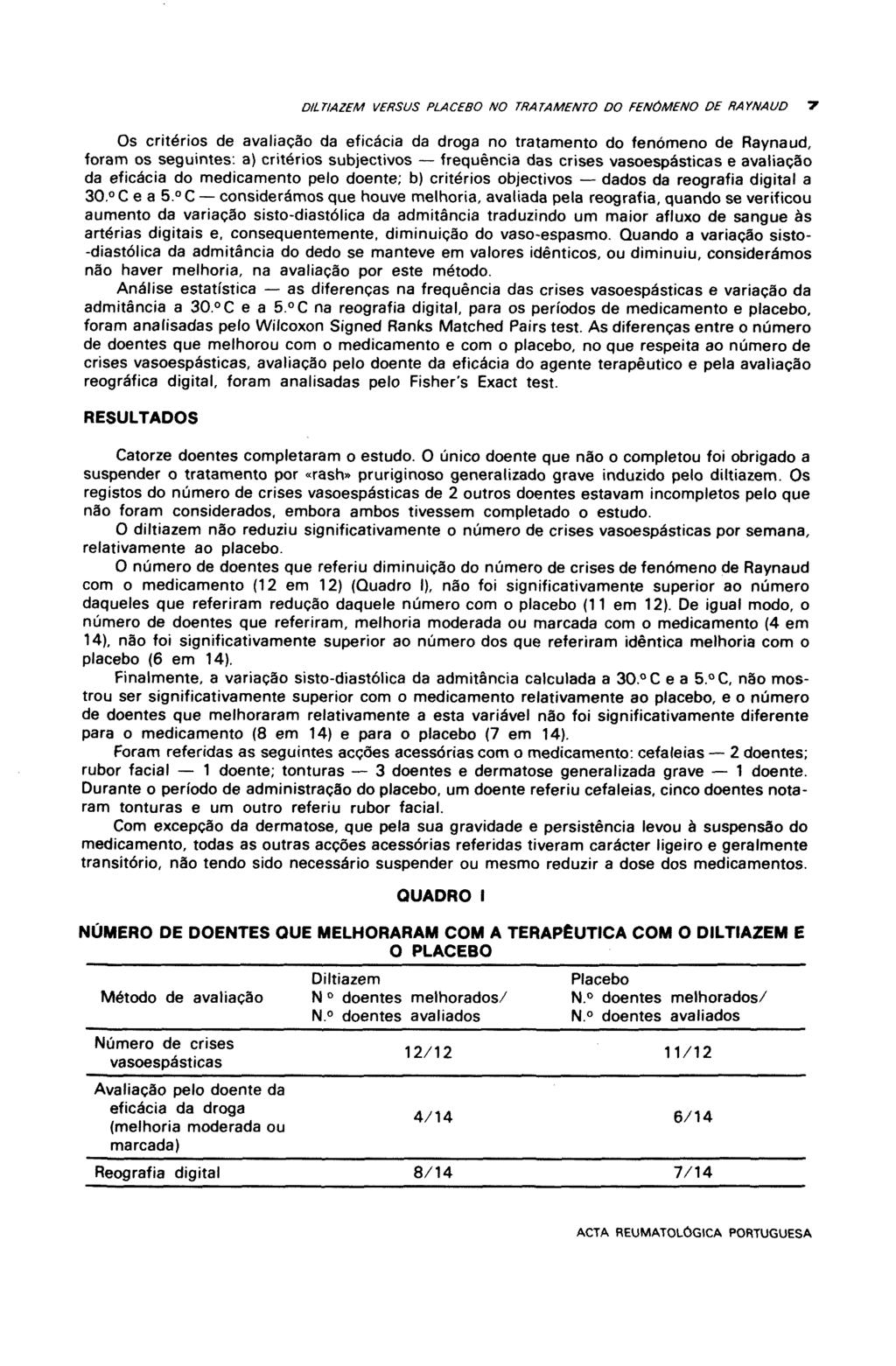 DILTIAZEM VERSUS PLACEBO NO TRATAMENTO DO FENÓMENO DE RAYNAUD 1 Os critérios de avaliação da eficácia da droga no tratamento do fenómeno de Raynaud, foram os seguintes: a) critérios subjectivos