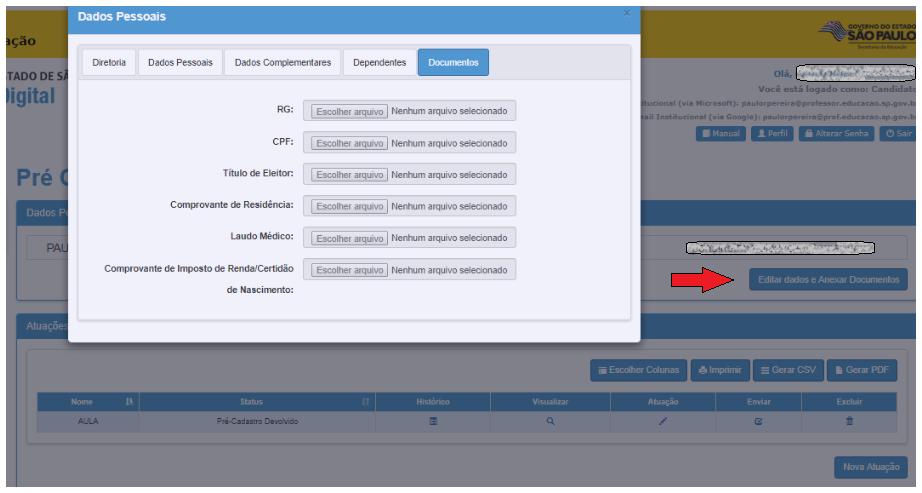 Devendo, neste caso, acessar a opção: Editar dados e Anexar Documentos, se for necessário e anexa-los conforme solicitado: Caso a correção seja na atuação, deve-se clicar em atuação e anexar diploma