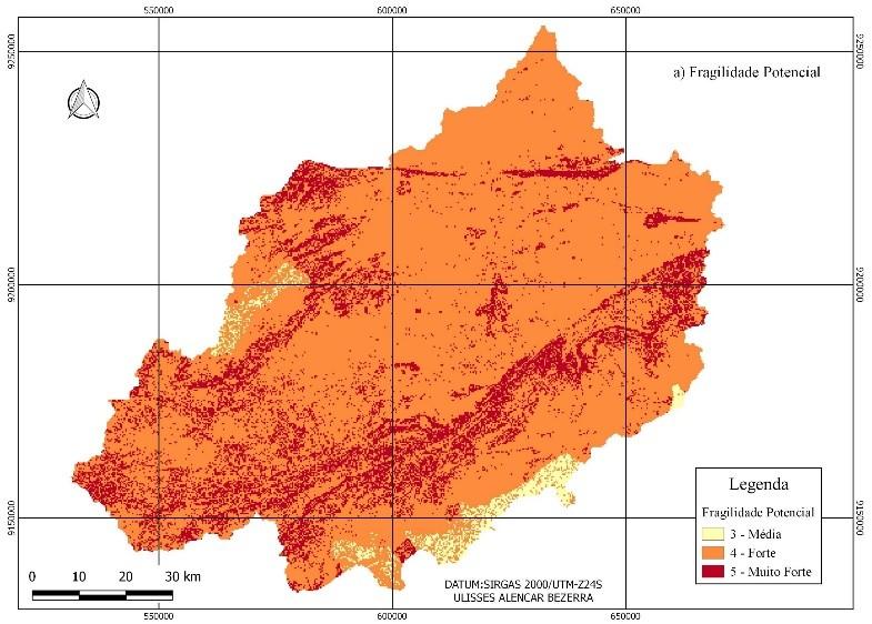 Intervalo de valores Área (%) Intervalo de valores Área (%) Baixa 06-05 a 8 - Média 07 a 09 2,24 09 a 12 4,83 Alta 10 a 12 78,99 13 a 16 75,91 Muito Alta 13 a 15 18,77 17 a 20 19,26 Analisando-se a