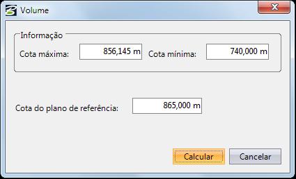 5. Será pedido a cota do plano a ser utilizado. Informe-a e clique em Calcular. Janela onde indicamos a cota de nosso plano de referência. 6. O volume será mostrado na caixa de diálogo.