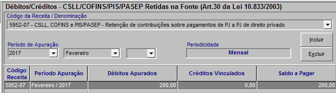 3º Lançamento: CSRF Compensações A empresa utilizou o crédito do pagamento a