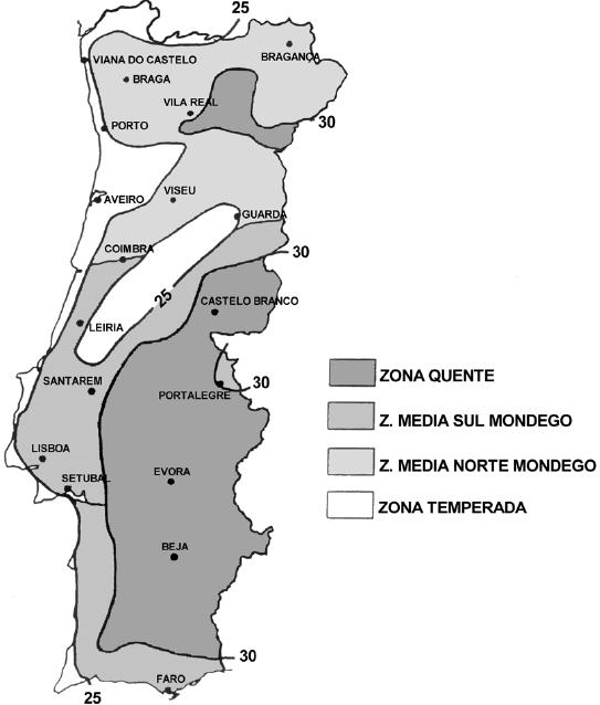 Figura 3 Zonas climáticas de Portugal, definindo zonas com idêntica temperatura de serviço [13] O objetivo deste zonamento é indicar o tipo de betume que se deve utilizar, uma vez que para a mesma