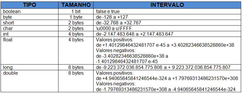 Tipos de dados primitivos Um tipo de dados estabelece um conjunto particular de valores que podem ser representados dentro de um programa e para os