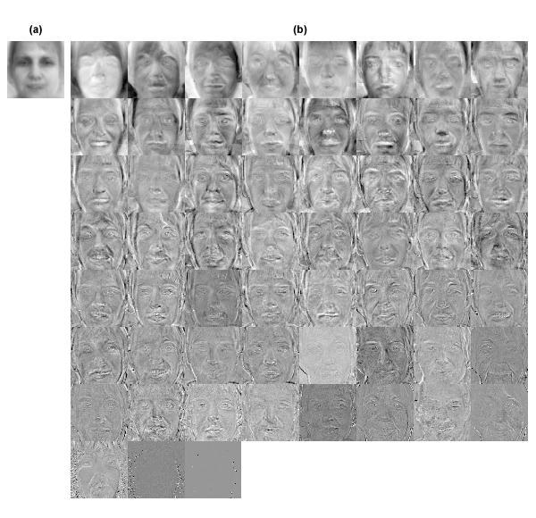 107 Figura 46 - (a) imagem média, (b) 59 eigenfaces (auto-vetores) calculados de forma ordenada da esquerda para a direita e de cima para baixo Após calcular os componentes principais da PCA, as