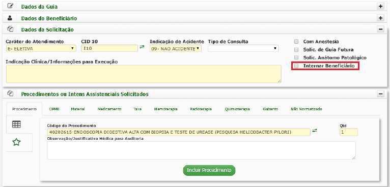 Dentro da tela de Solicitação de Exame e Internação, será possível solicitar um