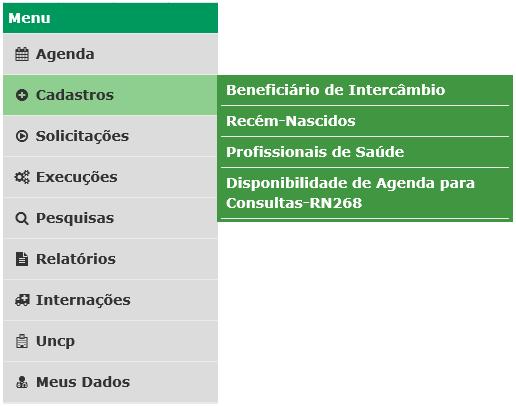 4. Cadastros estão disponíveis as opções relacionadas aos cadastros permitidos no RES. 4.1.