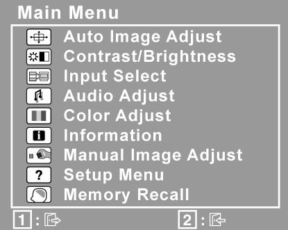 Para ajustar a imagem da tela, faca o seguinte: 1. Pressione [1] para exibir o Menu Principal. NOTA: Todos os menus OSD e as telas de ajuste desaparecem automaticamente após 15 segundos.