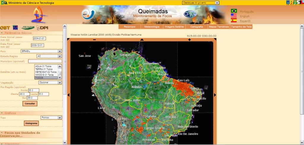 Figura 1 - Página de acesso aos dados de queimadas com opções selecionadas Foram coletados os dados referentes ao Estado do Acre, bem como do Amazonas, devido à incompatibilidade de limites estaduais