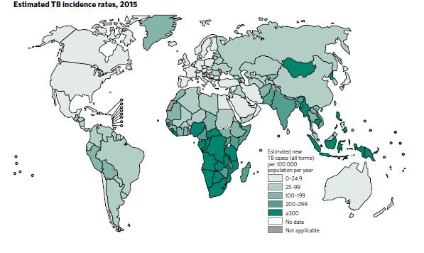INTRODUÇÃO- 20 Fonte: WHO, 2016 Figura 1: Estimativa da taxa de incidência para casos novos de TB, 2015.