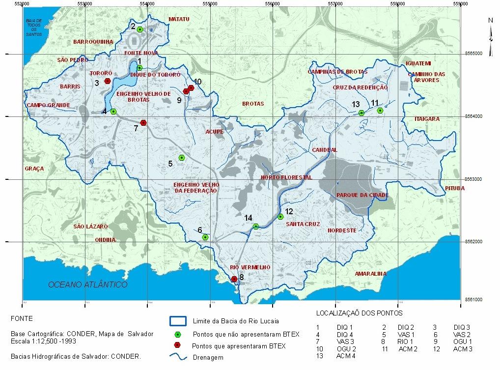 52 Figura 4. Localização dos poços de água subterrânea. Bacia do Rio Lucaia e principais Bairros. Tabela 6. Concentrações de BTEX em µg.