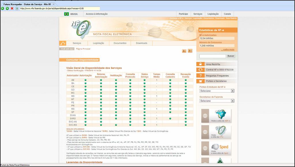 Status do Serviço Certificado - FS98 com Sistema: Futura Server Caminho: Fiscal>Nfe Eventos>Status do serviço com certificado Referência: FS98 Versão: 2015.8.7 Como Funciona: Esta tela é utilizada para verificar o status do Certificado Digital instalado.