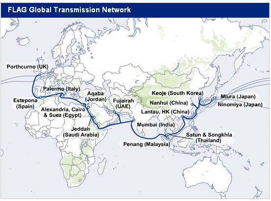 Fiber Optic Cable Cuts Isolate Millions From Internet,Future Cuts Likely (January 31, 2008) O cabo submarino FLAG foi um dos cabos afectados Large swaths of the Middle East and Southeast Asia fell