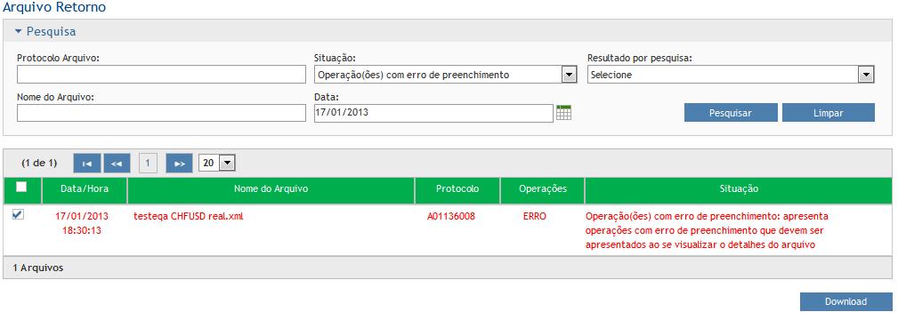 O usuário pode selecionar o arquivo de retorno desejado e, em seguida, fazer o download (uma mensagem