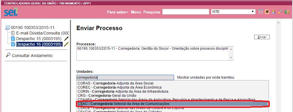 n. Em Unidades selecionar Corregedoria Adjunta XXX e Secretaria CRG Secretaria Administrativa o.