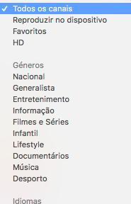 A lista de canais e a coluna de filtro de canais A lista de canais mostra todos os canais disponíveis para visualização. Seleccione em qualquer canal para visualizar a informação EPG.