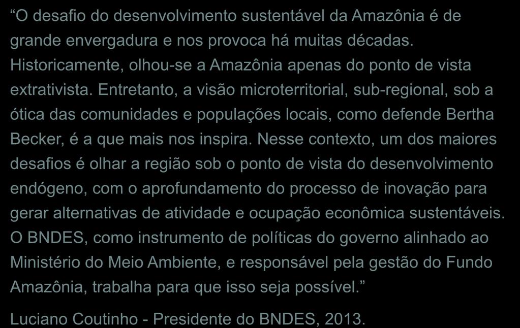 O desafio do desenvolvimento sustentável da Amazônia é de grande envergadura e nos provoca há muitas décadas. Historicamente, olhou-se a Amazônia apenas do ponto de vista extrativista.