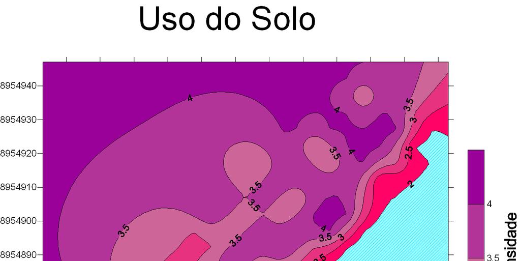 metros Figura 07 Mapa de isovalores de estabilidade ambiental do nível categórico uso do solo Processos Superficiais Observou-se na área as marcas da erosão por ravinas (rill erosion) interligadas