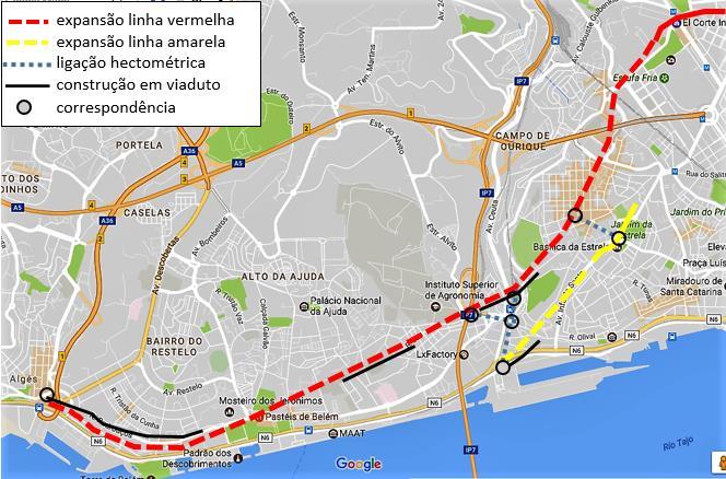 Expansão do metro Alternativa 1 prolongamento da linha amarela Rato-Alcântara (e da vermelha para Algés/Jamor, em