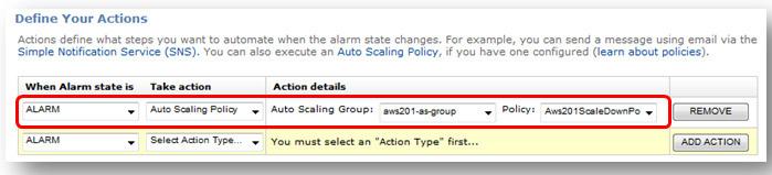 Configure o Take action para Auto Scaling Policy, Auto Scaling Group para aws201-as-group, Policy para Aws201ScaleDownPolicy, clique no botão ADD ACTION, e clique em Continue.