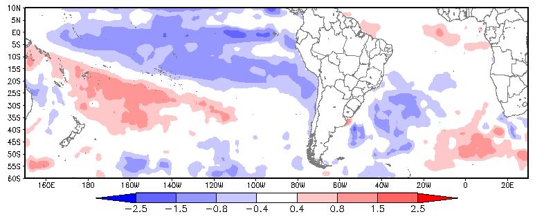 No mês de outubro (Figura 2), a Temperatura da Superfície do Mar (TSM) no Oceano Pacífico Equatorial permaneceu com aumento da área com anomalia negativa, confirmando a persistência do evento La Nina