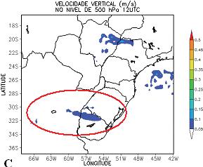 vorticidade eram negativos, indicando movimento ciclônico (baixa pressão) e a presença de uma região localizada a leste do CCM, que apresentou valores positivos de vorticidade, indicando movimento